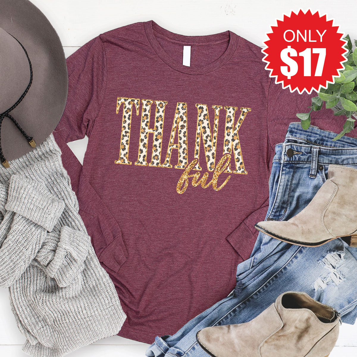 Thank You Leopard Long Sleeve - Heather Burgundy - 17 product image 1
