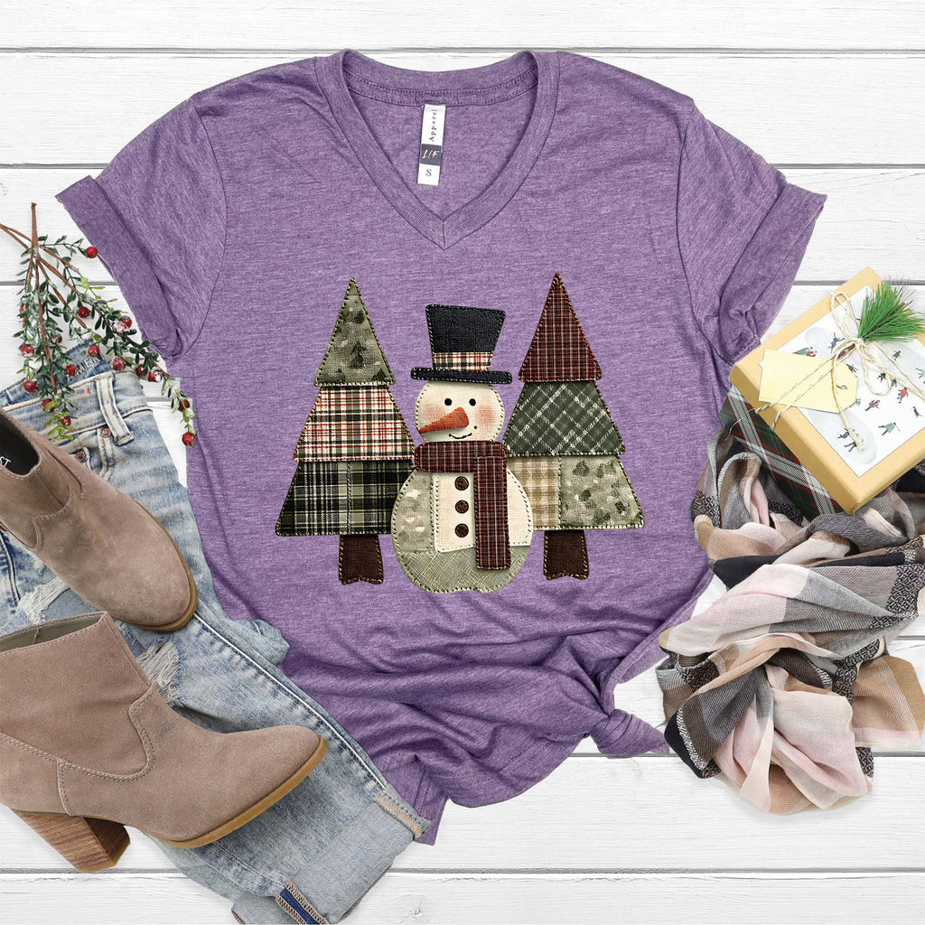 Snowman Trees Patchwork V-Neck