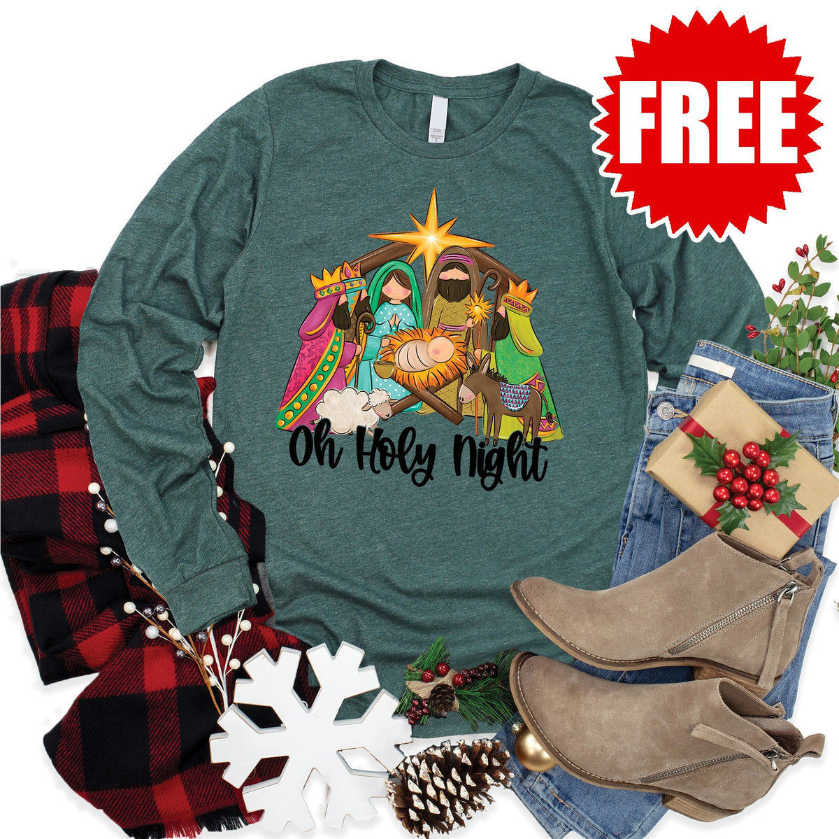 Holy Night Nativity Long Sleeve - Heather Forest - 0