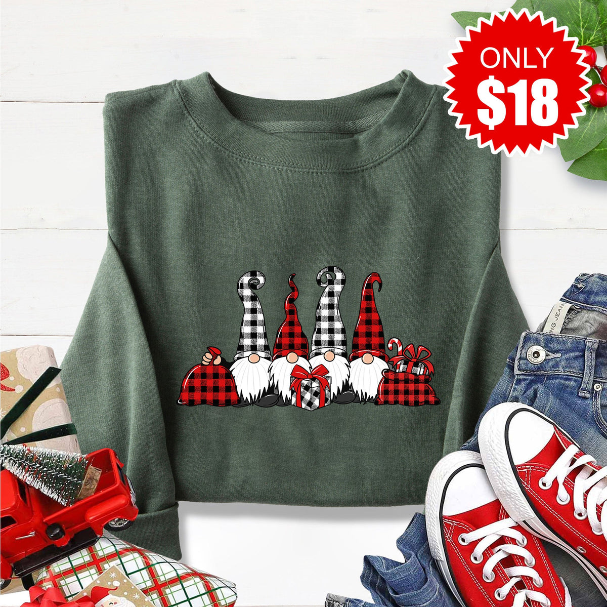 Plaid Gnomes Crewneck Sweatshirt - Heather Forest - 18 product image 1