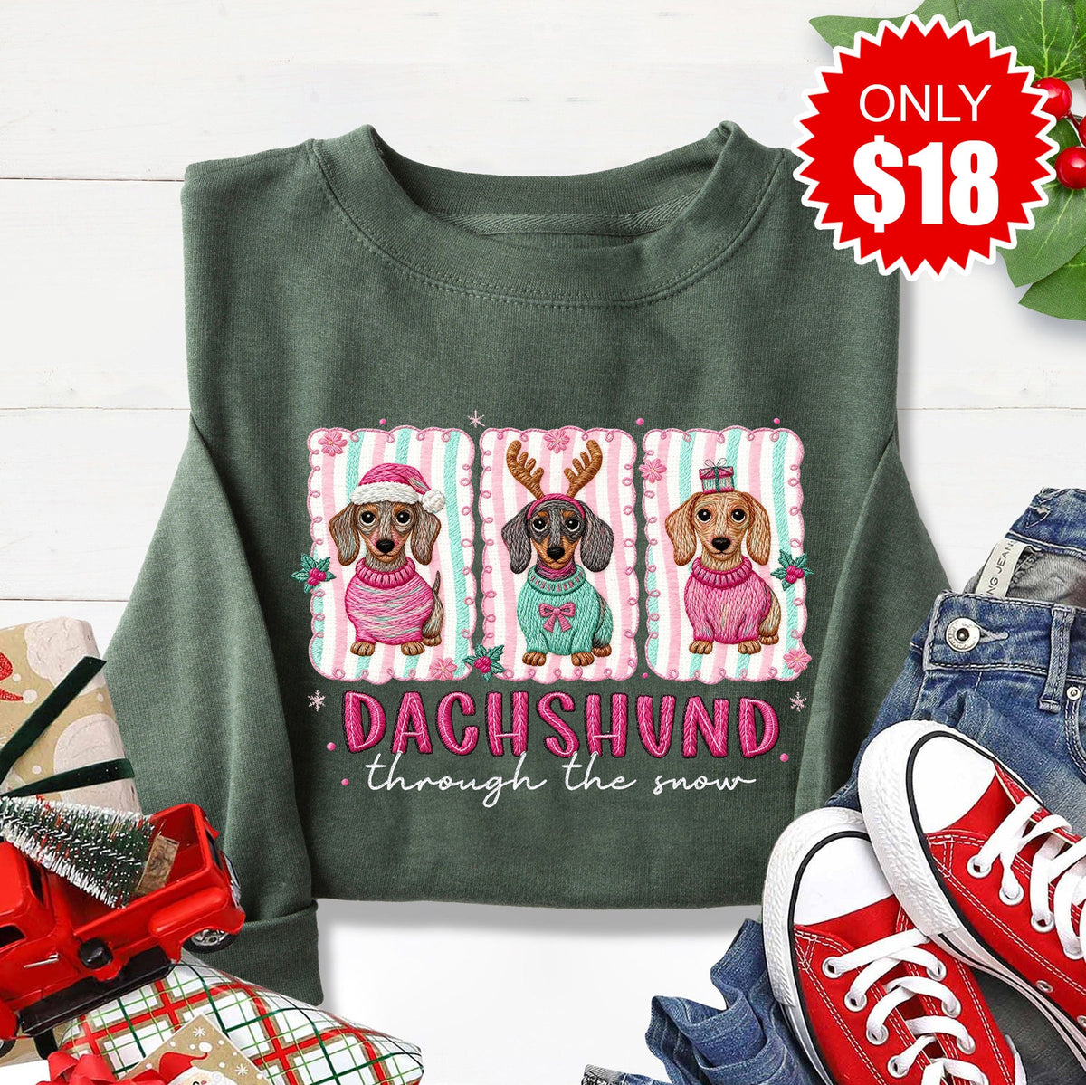 Dachshund Through The Snow Sweatshirt - Heather Forest - 18 product image 1