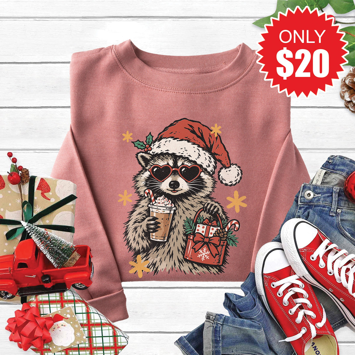 Christmas Raccoon Sweatshirt - Heather Mauve - 20 product image 1