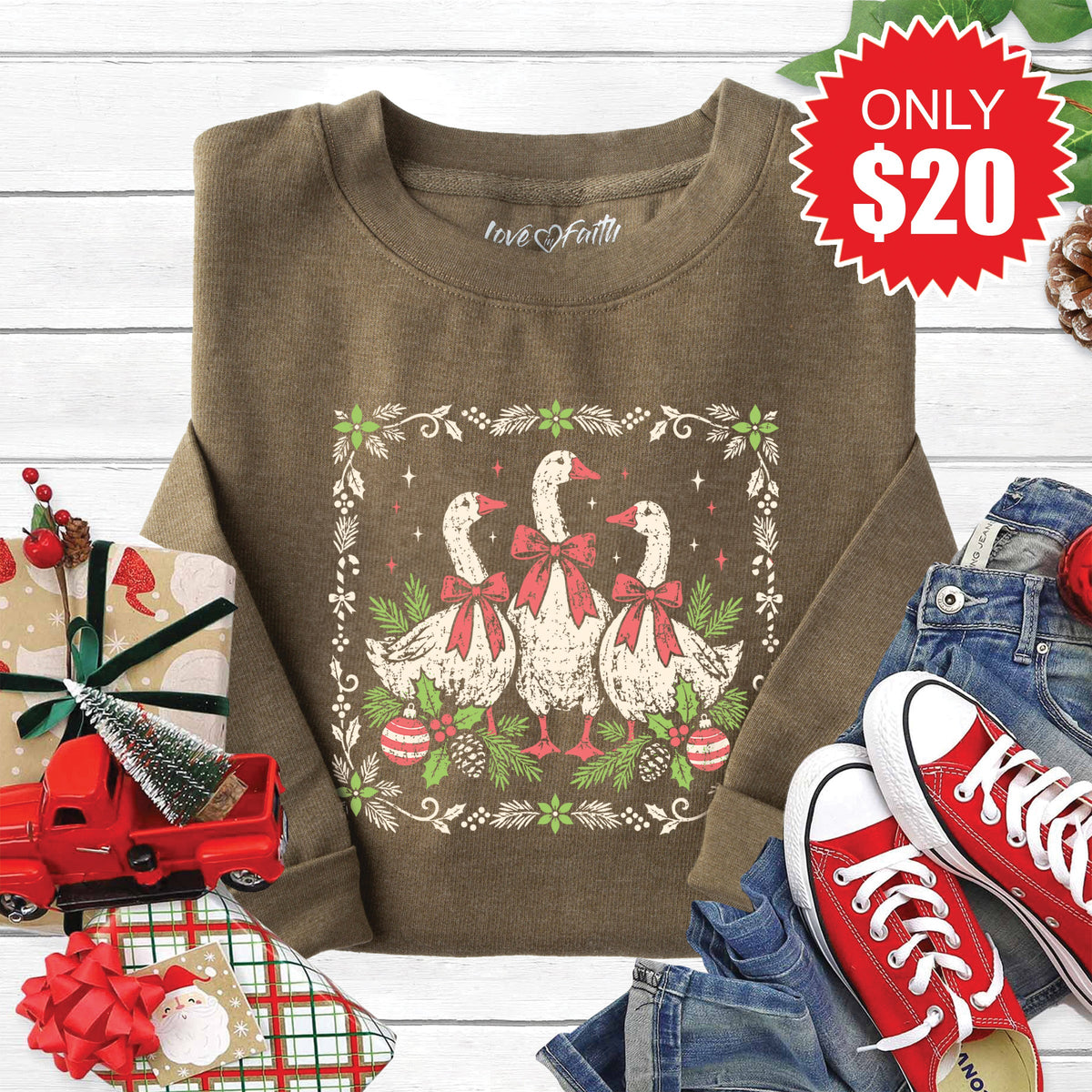 Christmas Geese Sweatshirt - Heather Olive - 20 product image 1