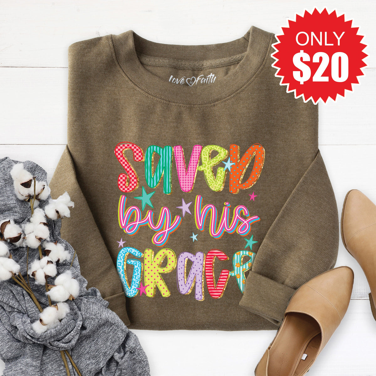 Saved By His Grace Sweatshirt - Heather Olive - 20 product image 1