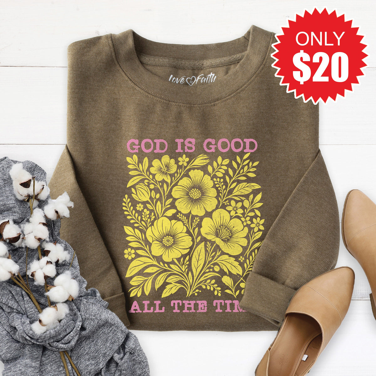 God Is Good - Floral Sweatshirt - Heather Olive - 20 product image 1