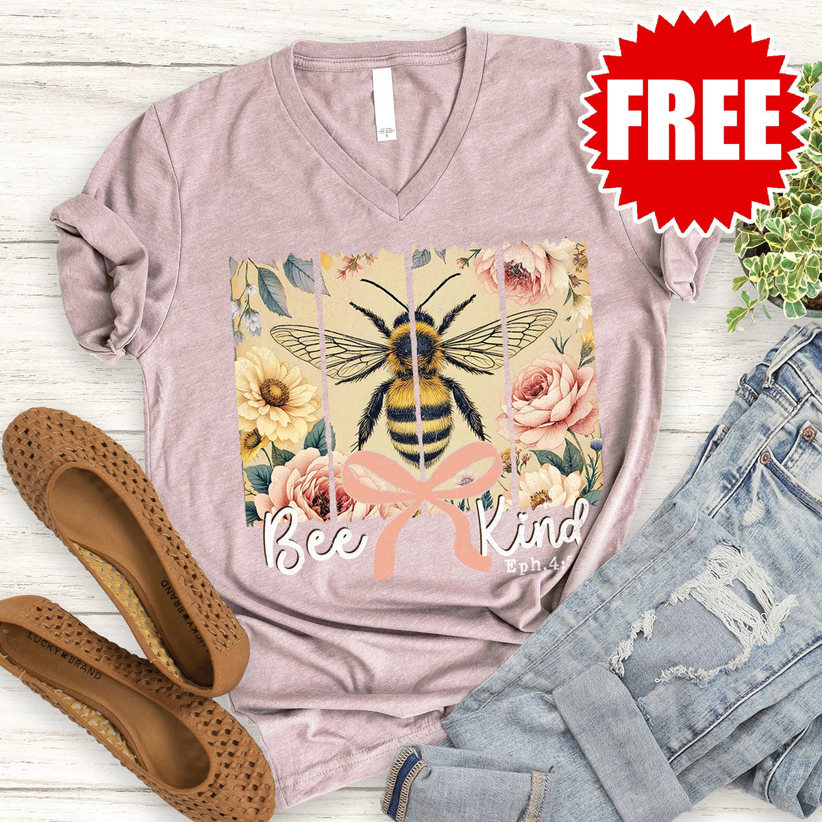 Bee Kind V-Neck - Heather Pink Gravel - 0