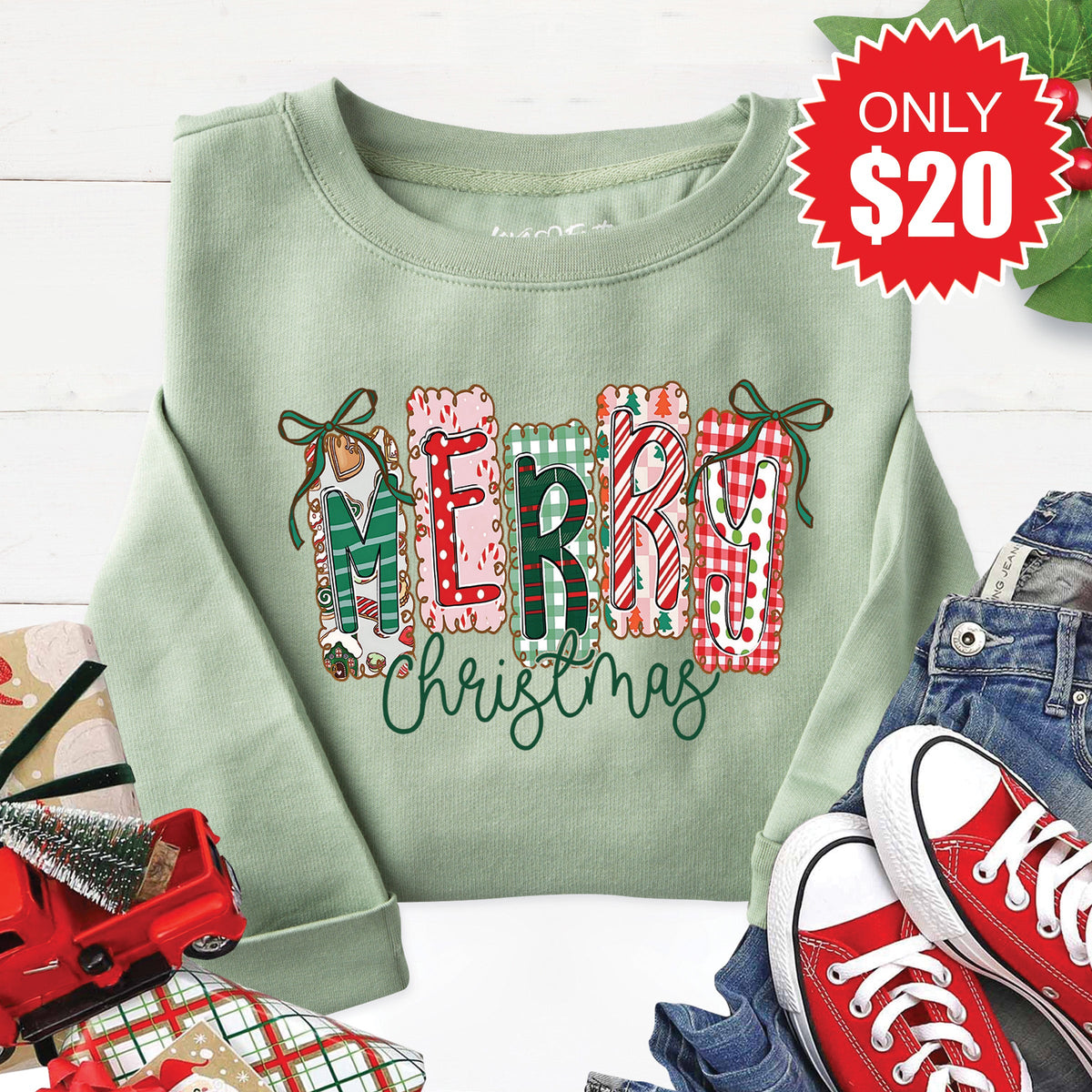 Merry Christmas Sweatshirt - Heather Sage - 20 product image 1