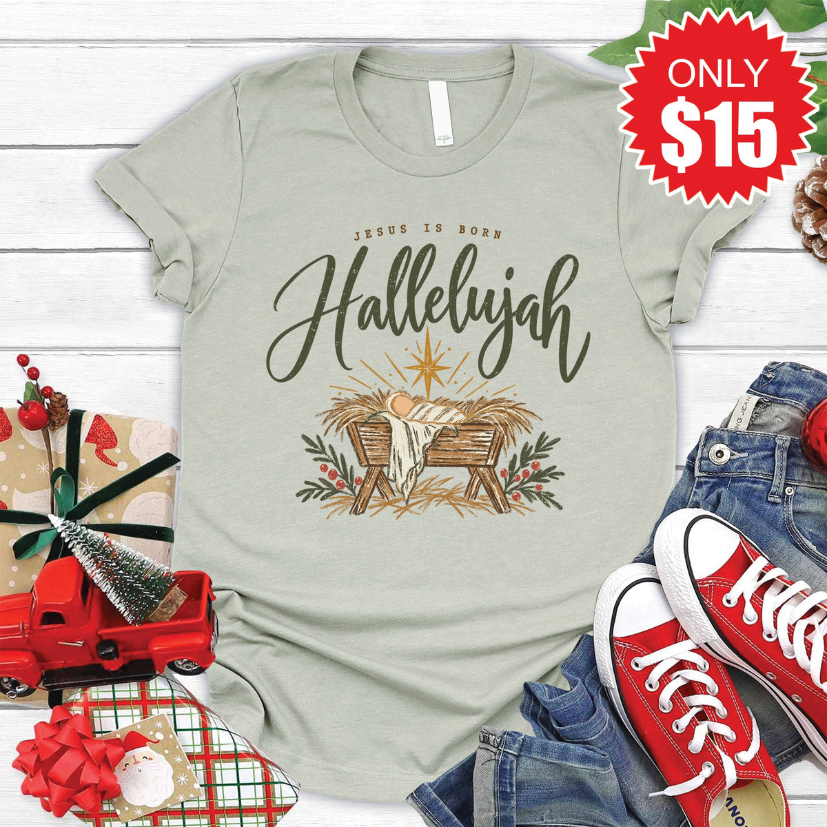 Jesus Is Born Tee - Heather Sage - 15 product image 1