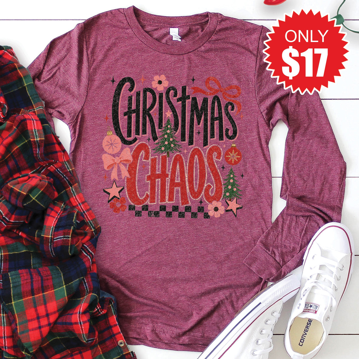 Christmas Chaos Long Sleeve - Heather Burgundy - 17 product image 1