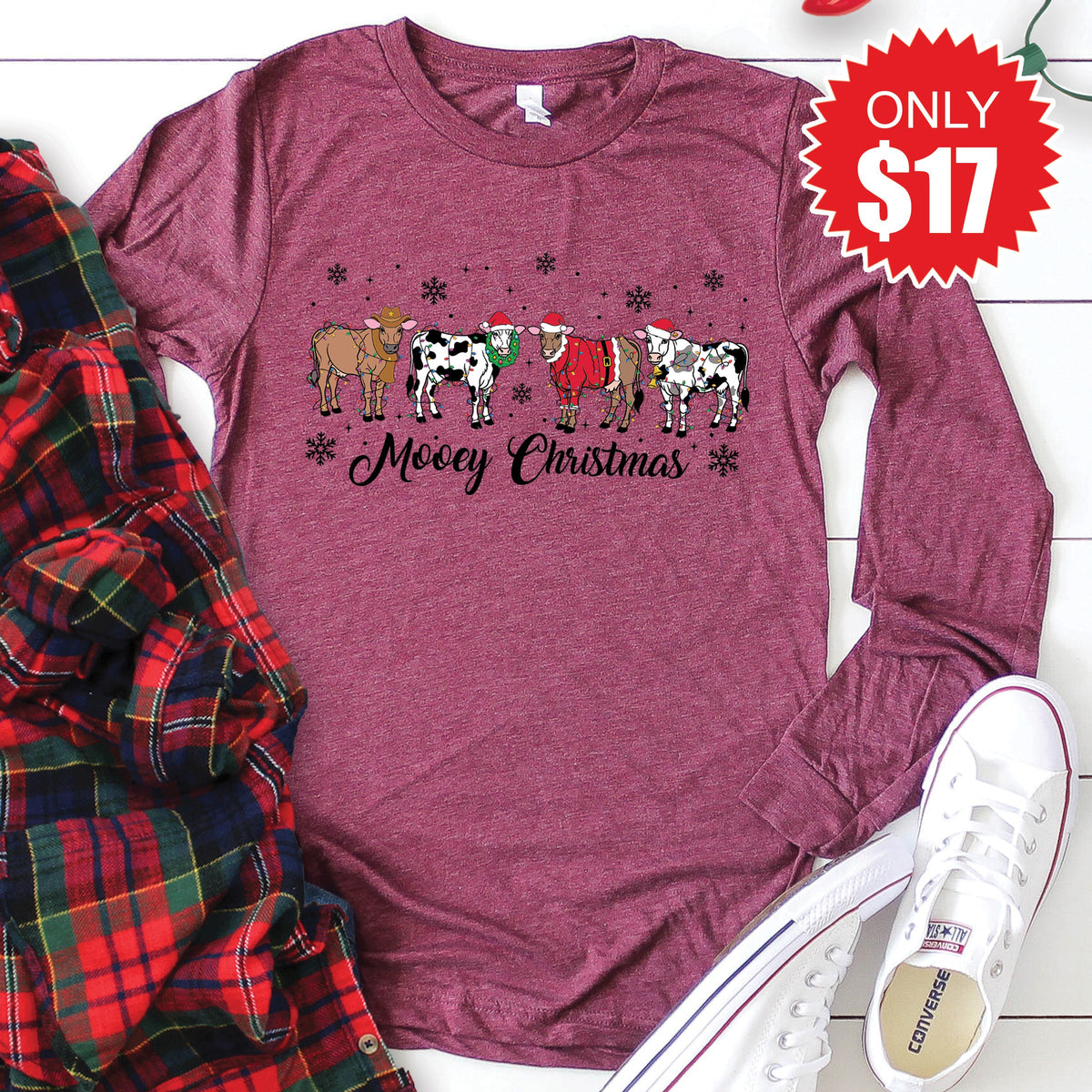Mooey Christmas Long Sleeve - Heather Burgundy - 17 product image 1