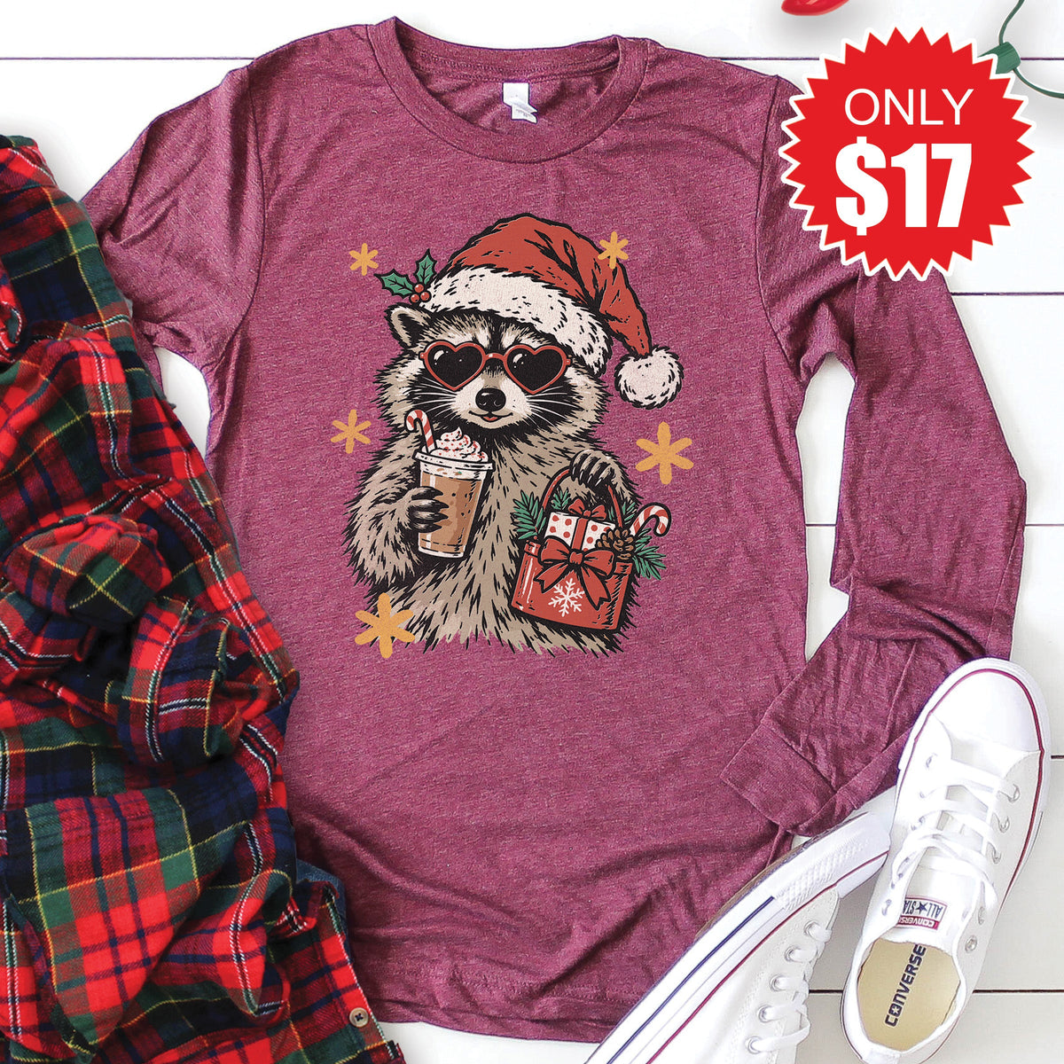 Christmas Raccoon Long Sleeve - Heather Burgundy - 17 product image 1