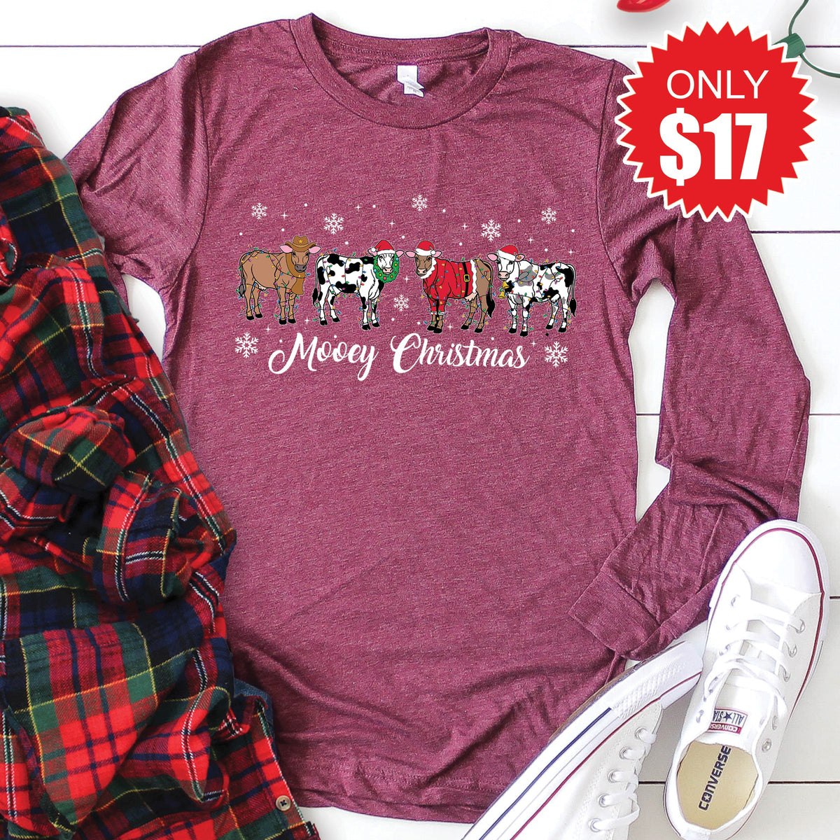 Mooey Christmas Long Sleeve - Heather Burgundy - 17 product image 1