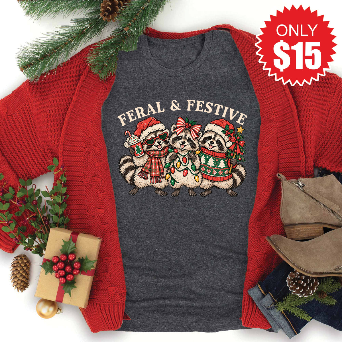 Feral and Festive Tee - Heather Charcoal - 15 product image 1