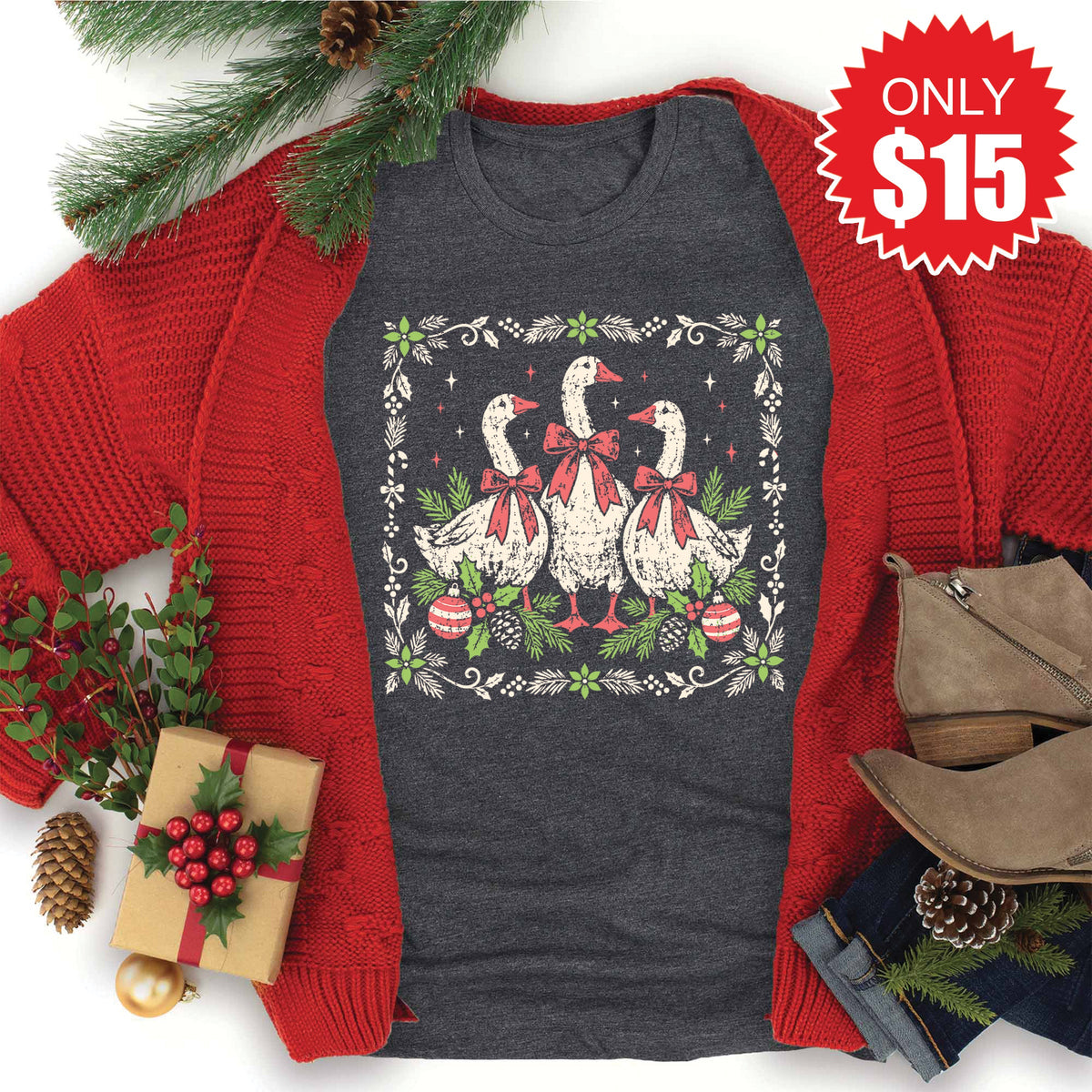 Christmas Geese Tee - Heather Charcoal - 15 product image 1