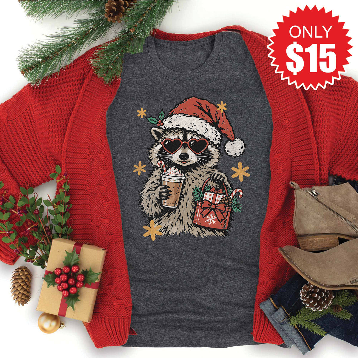 Christmas Raccoon Tee - Heather Charcoal - 15 product image 1