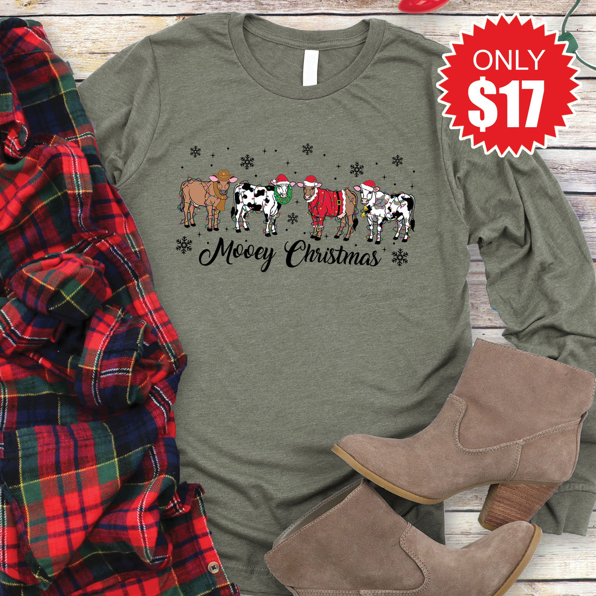 Mooey Christmas Long Sleeve - Heather Olive - 17 product image 1