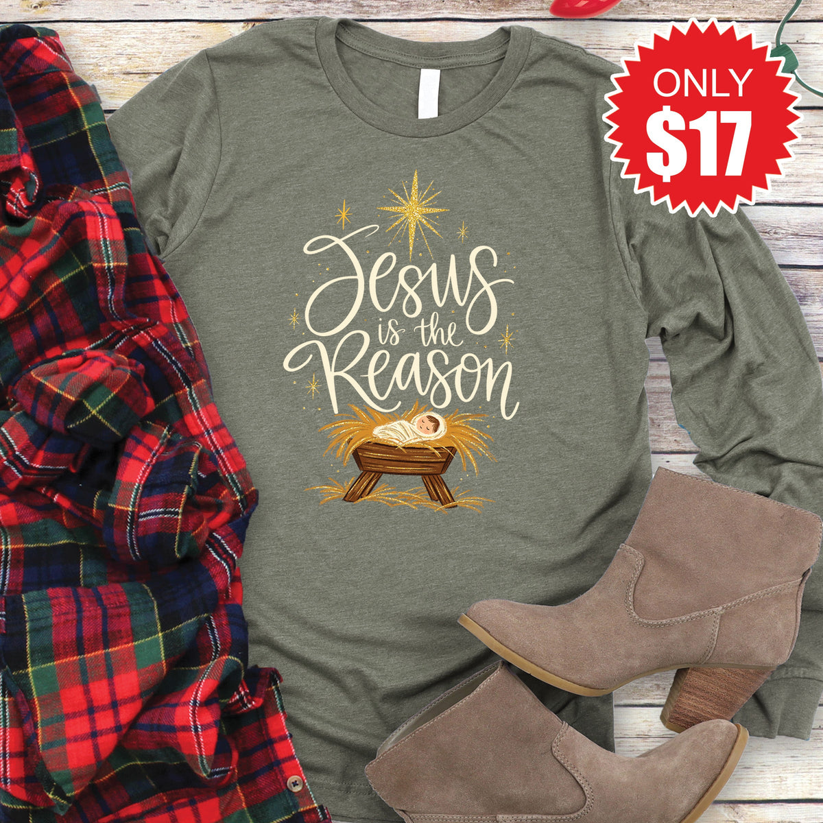 Jesus Is The Reason Long Sleeve - Heather Olive - 17 product image 1
