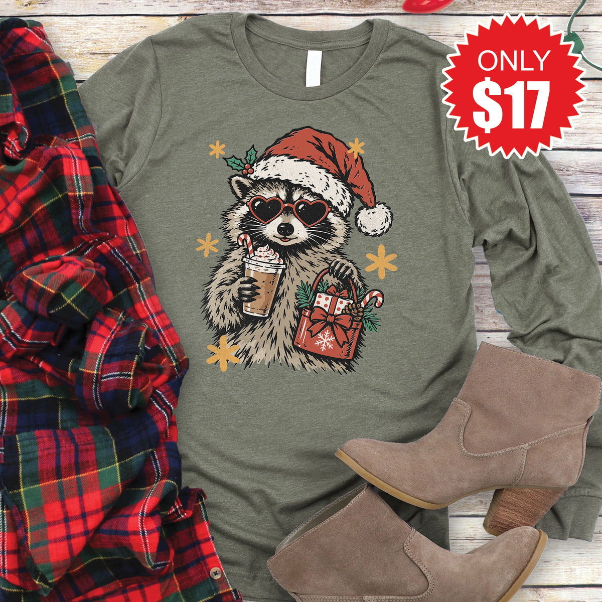 Christmas Raccoon Long Sleeve - Heather Olive - 17 product image 1