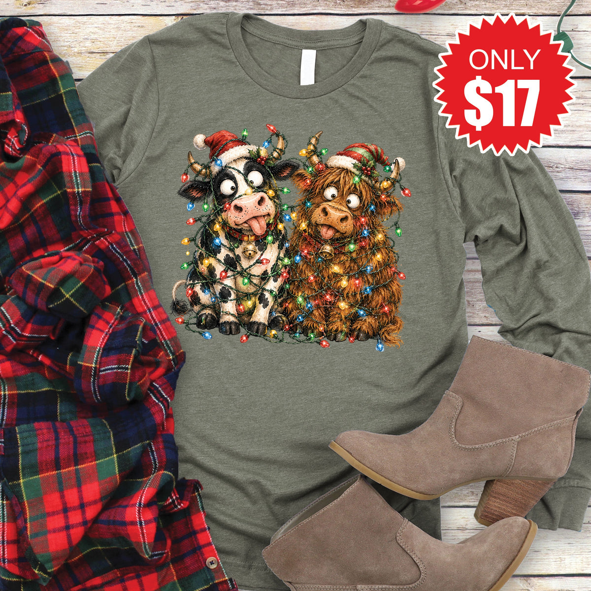 Christmas Cows Long Sleeve - Heather Olive - 17 product image 1