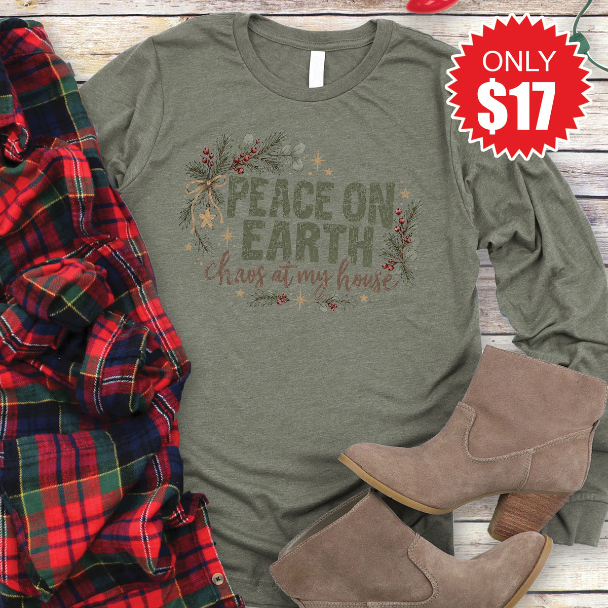 Peace On Earth Long Sleeve - Heather Olive - 17 product image 1