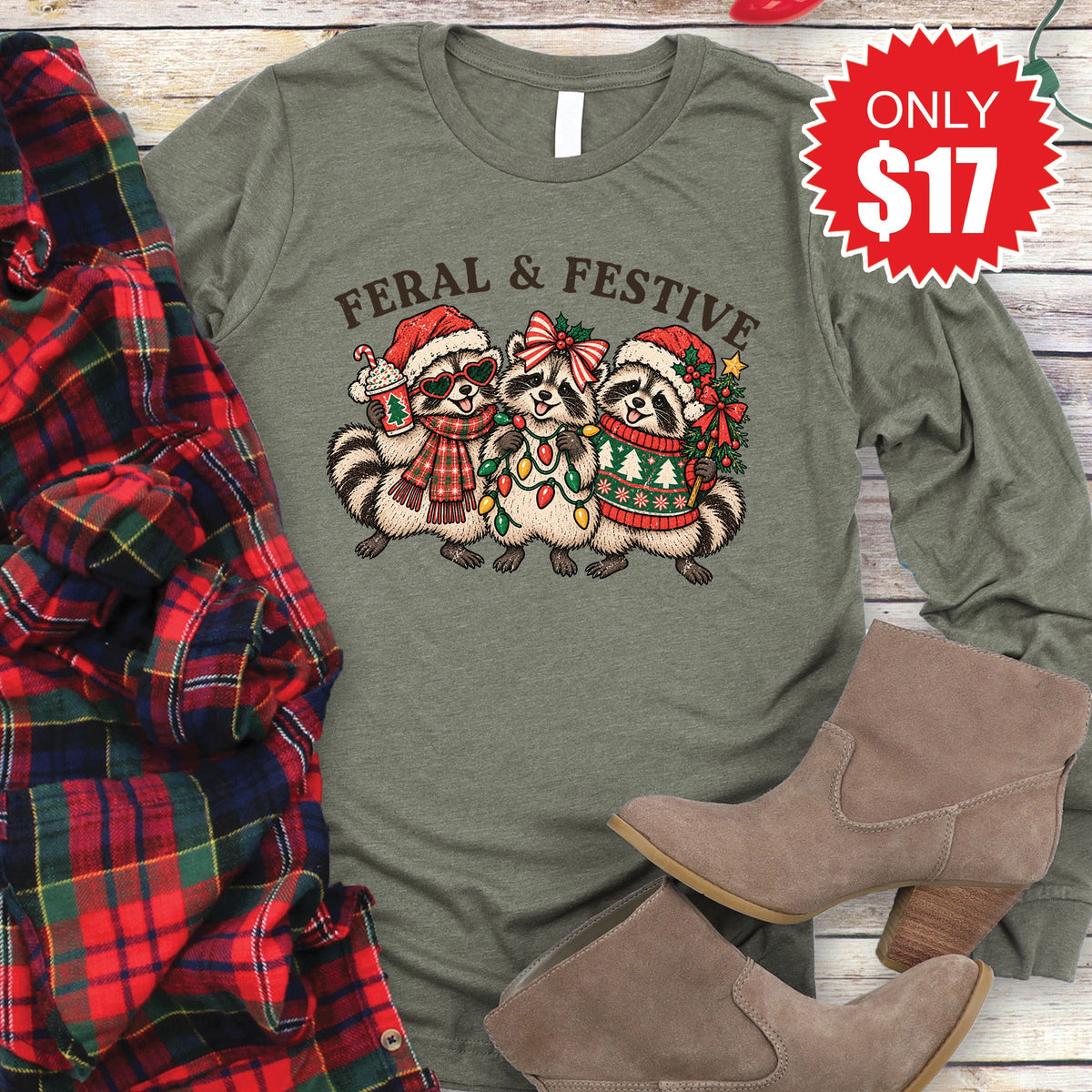 Feral and Festive Long Sleeve - Heather Olive - 17 product image 1