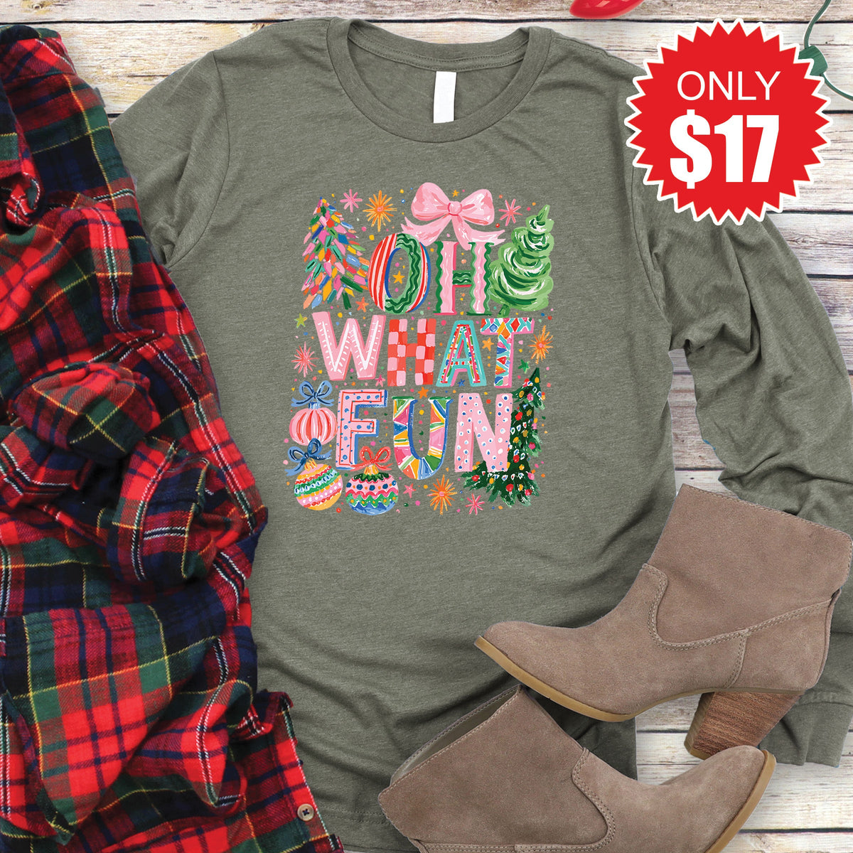 Oh What Fun Long Sleeve - Heather Olive - 17 product image 1