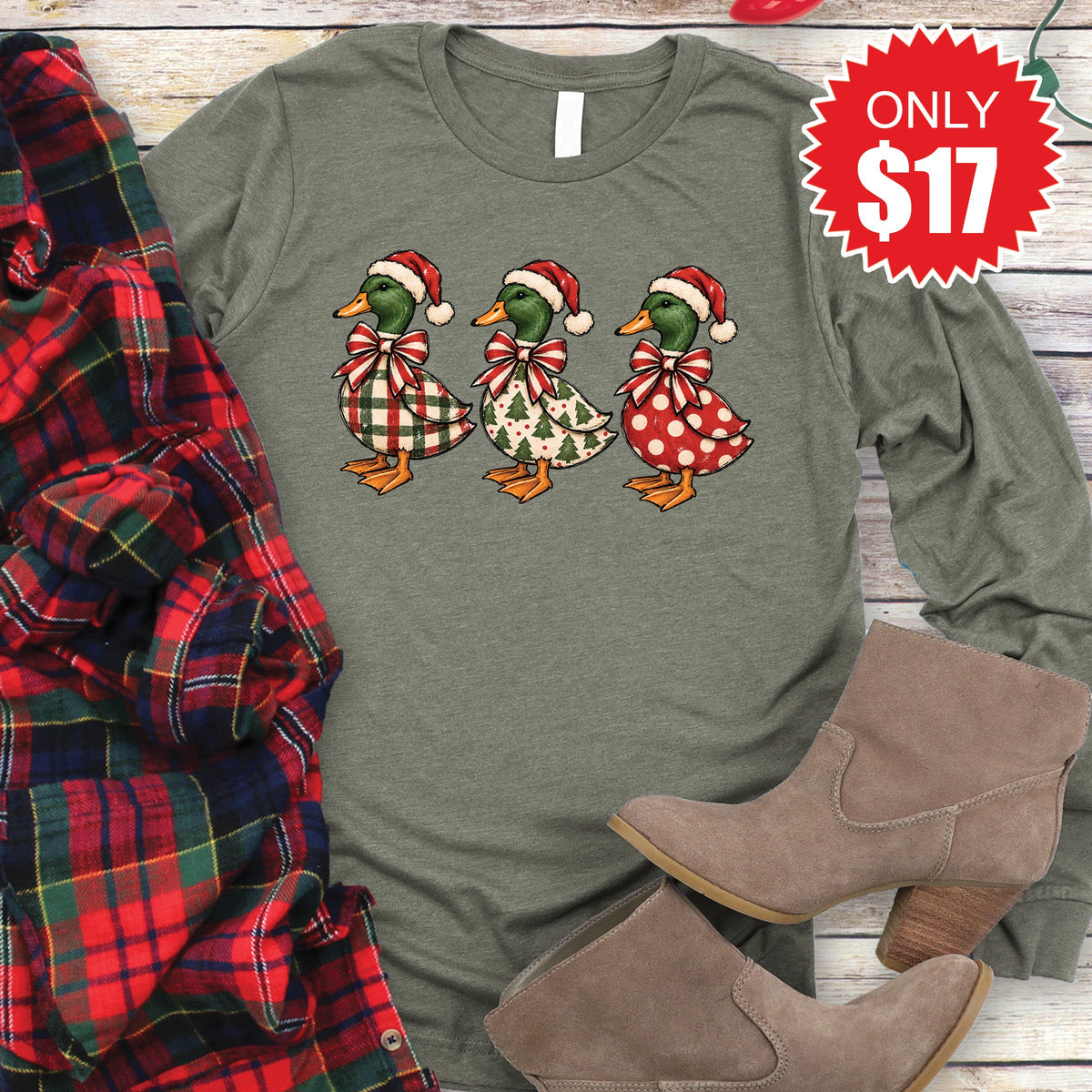 Christmas Duck Long Sleeve - Heather Olive - 17 product image 1