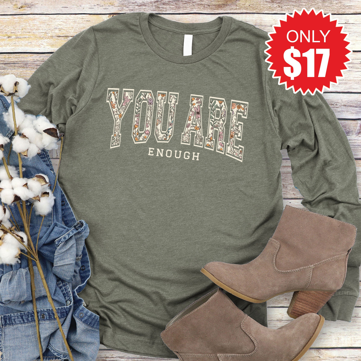 You Are Enough Long Sleeve - Heather Olive - 17 product image 1