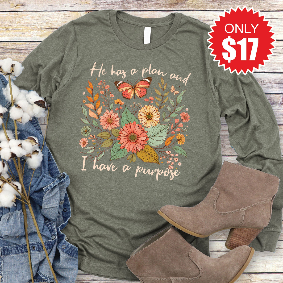 He Has A Plan Long Sleeve - Heather Olive - 17 product image 1