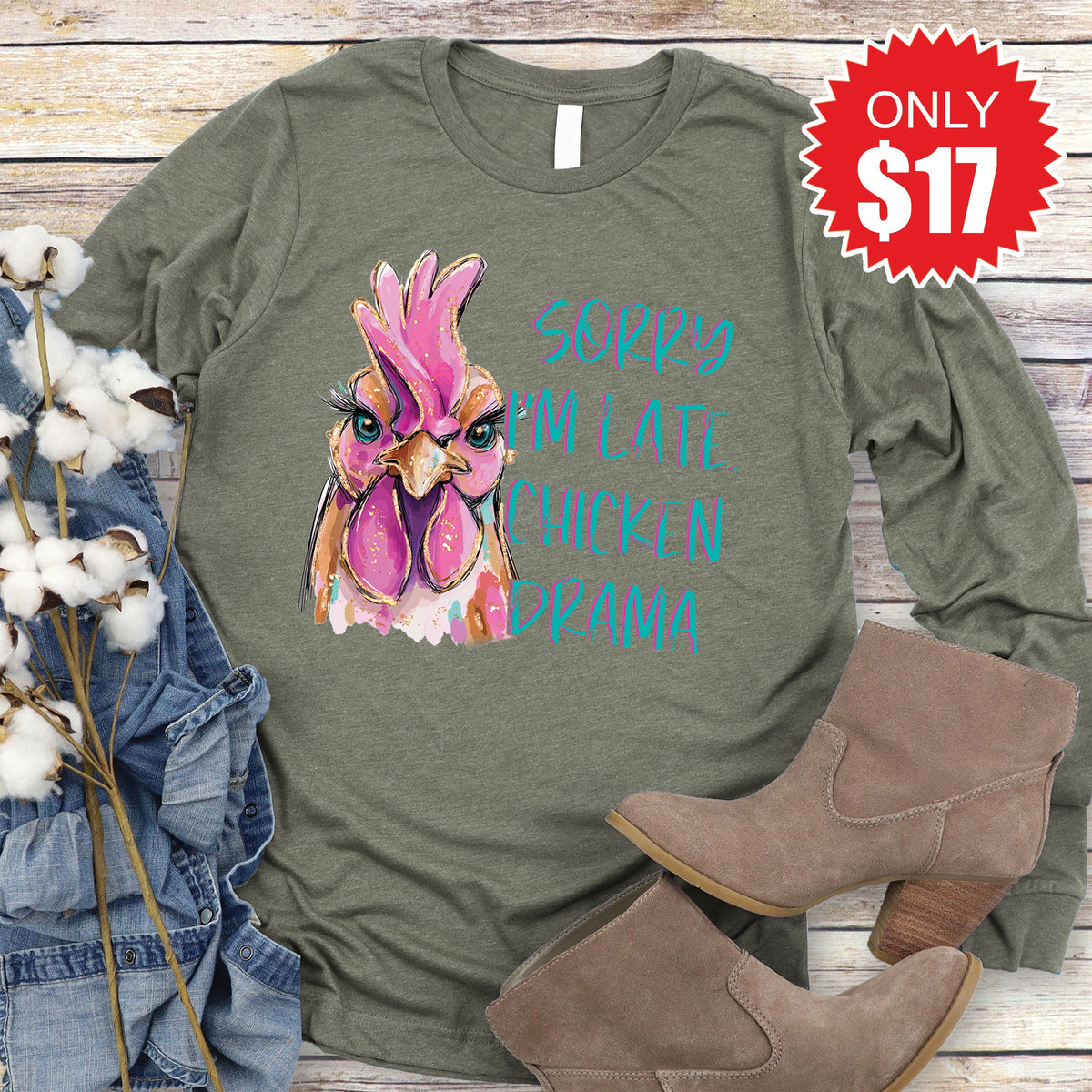 Chicken Drama Long Sleeve - Heather Olive - 17 product image 1