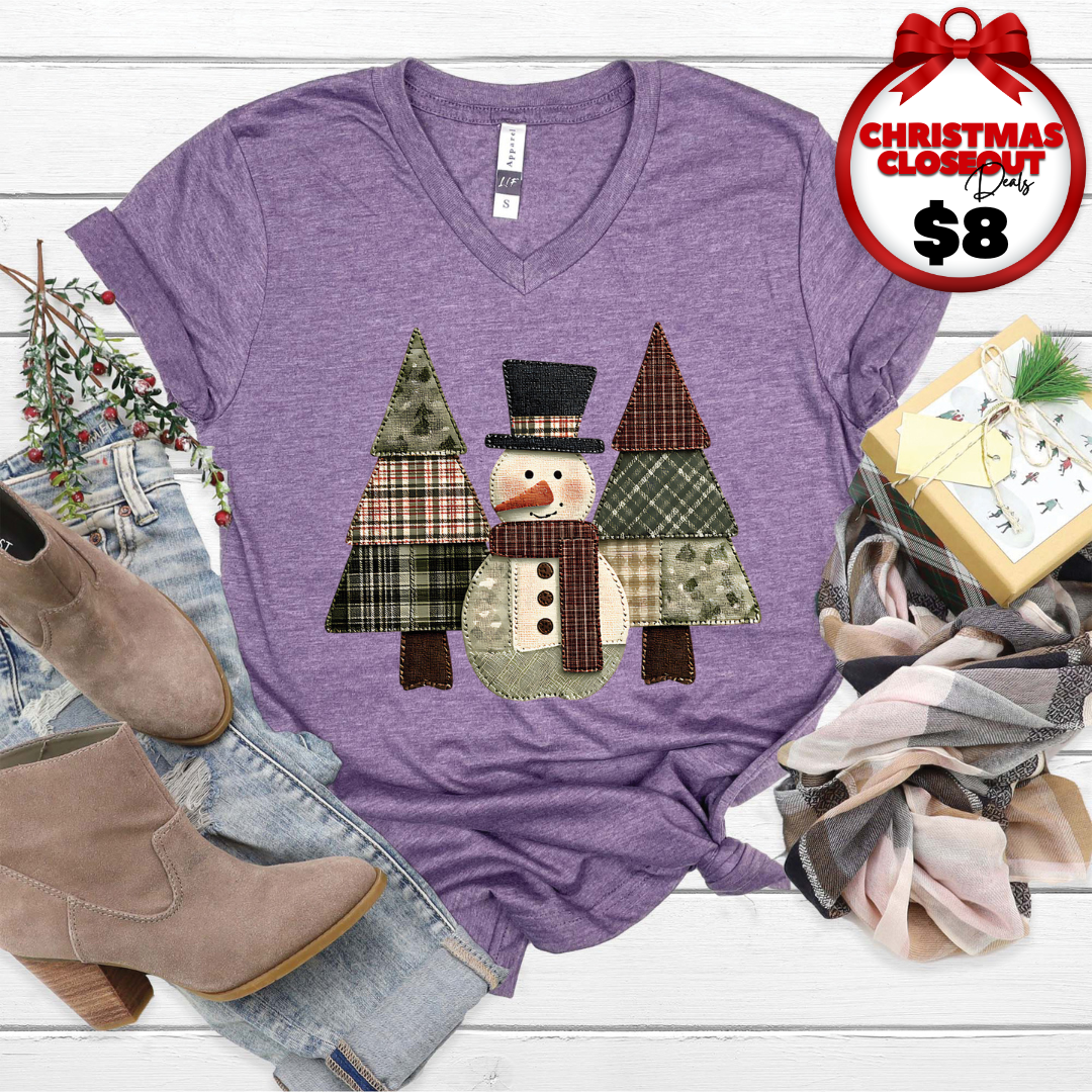 Snowman Trees Patchwork V-Neck