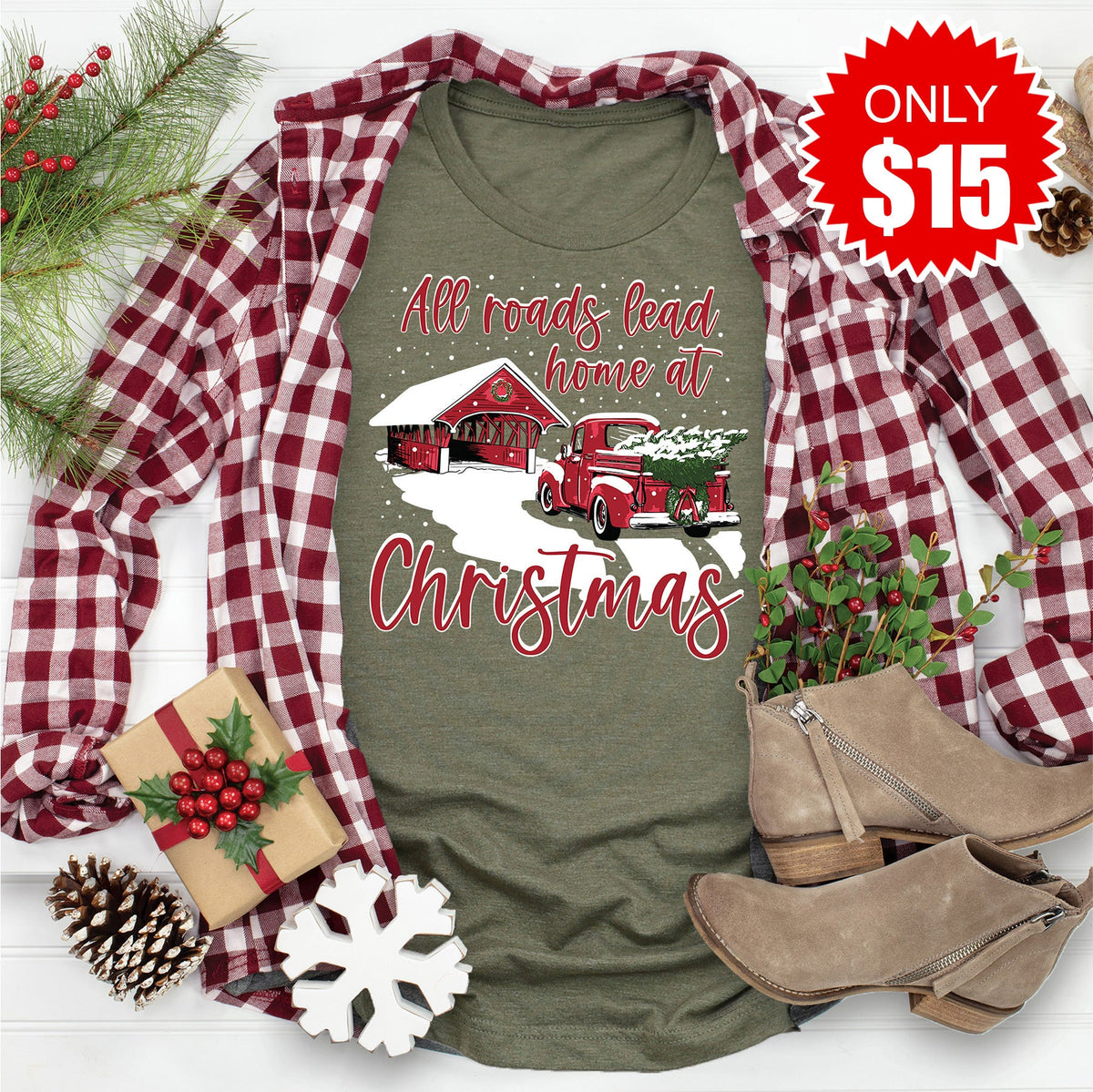 All Roads Christmas Bridge Tee - Heather Olive - 15 product image 1