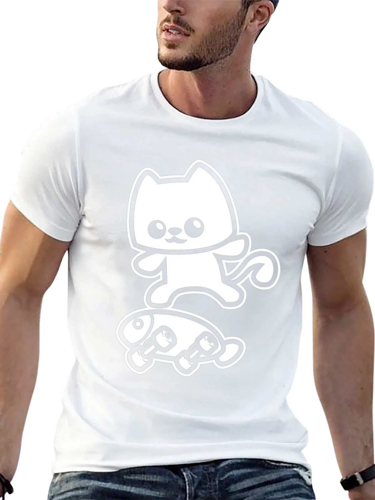 Cute Cat & Fish Skateboarder Graphic T-Shirt product image 1