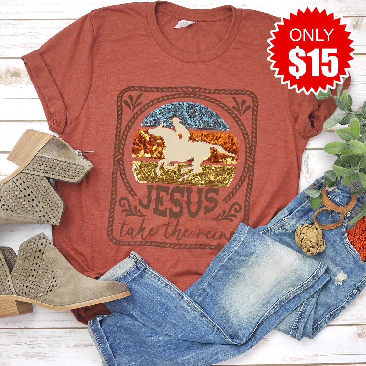Embellished Jesus Take the Reins Sequin Tee - 15 product image 1