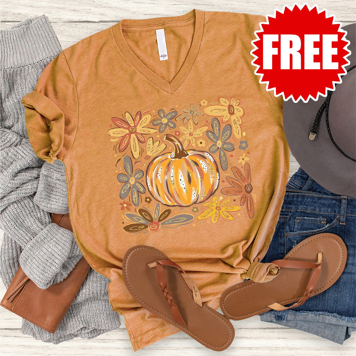 Pumpkin V-Neck - Heather Toast - 0