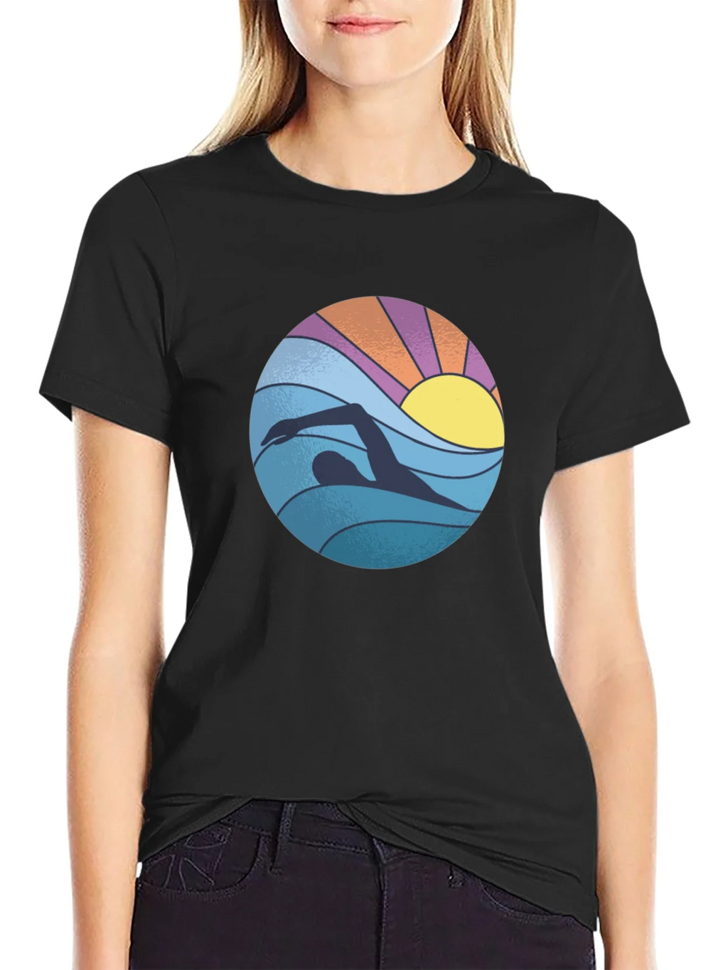 Retro Swimmer Graphic Tee - Black Cotton Blend product image 2
