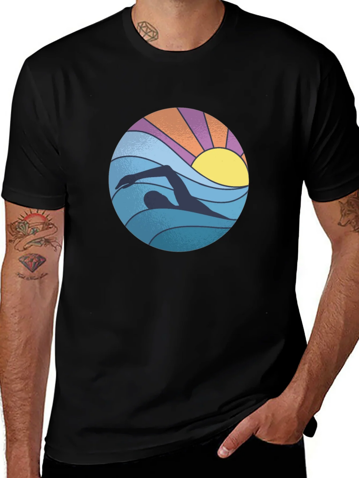 Retro Swimmer Graphic Tee - Black Cotton Blend product image 1