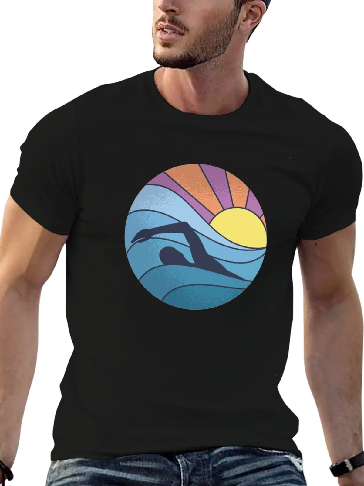Retro Swimmer Graphic Tee - Black Cotton Blend product image 6