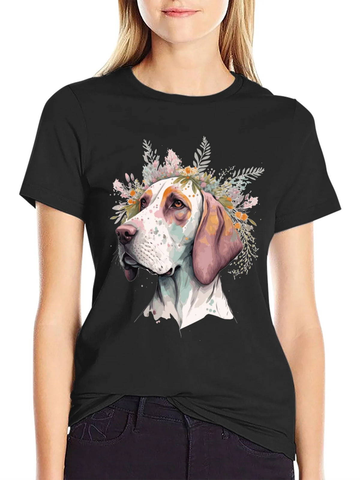 Dog with Flowers Graphic Tee - Unisex Black T-Shirt product image 2