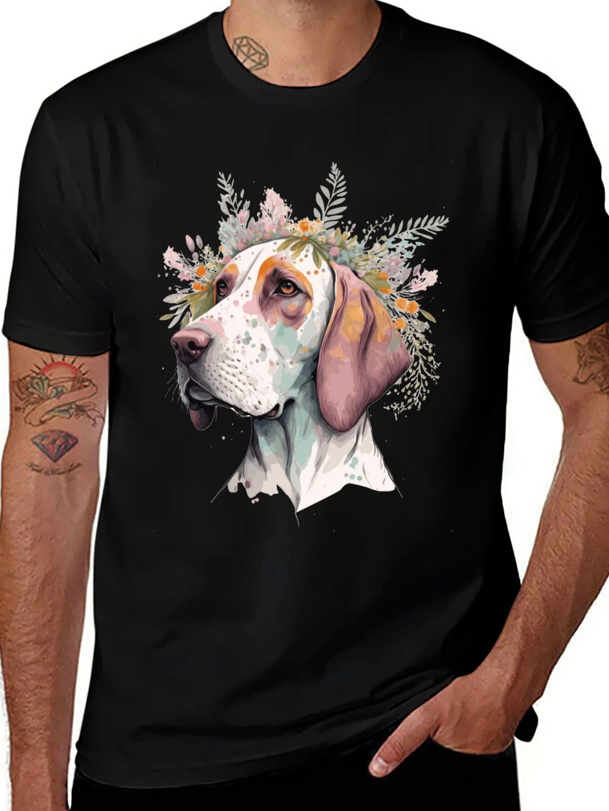Dog with Flowers Graphic Tee - Unisex Black T-Shirt product image 1
