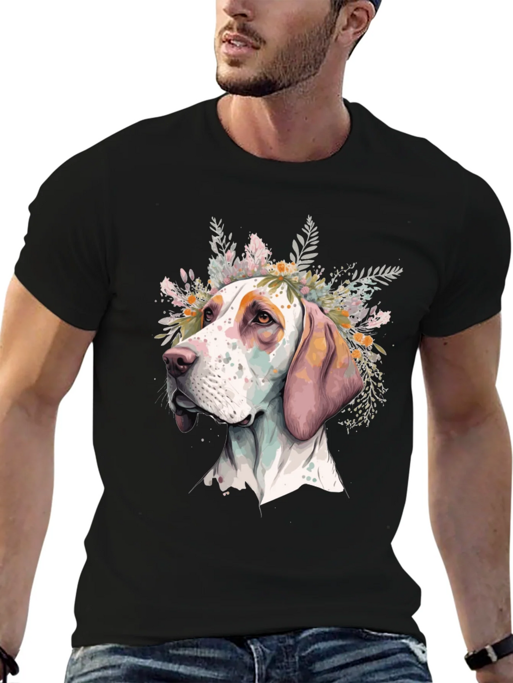 Dog with Flowers Graphic Tee - Unisex Black T-Shirt product image 6