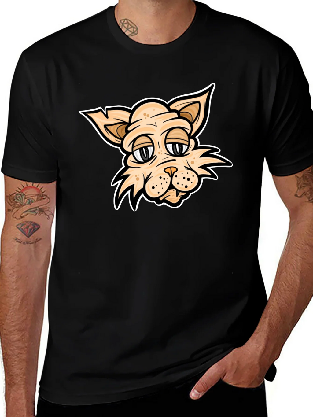 Cartoon Cat T-Shirt - Black Crew Neck product image 1