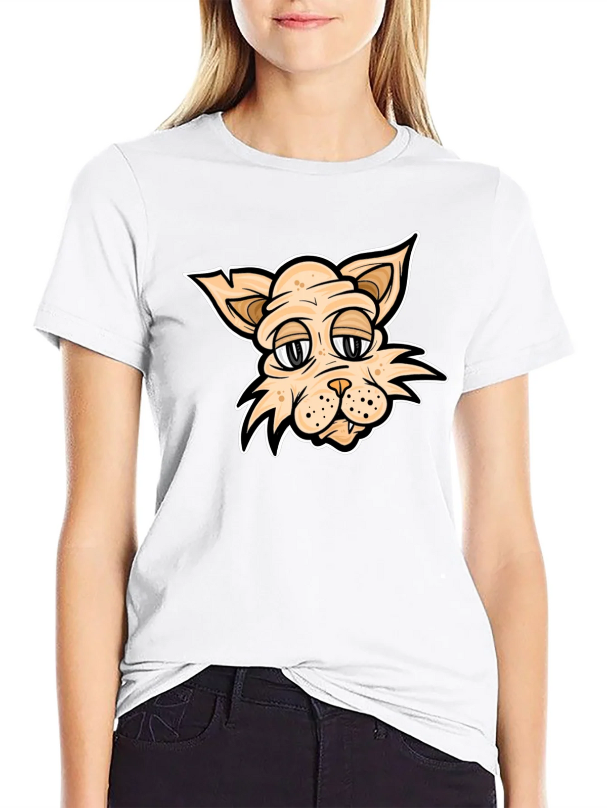 Cartoon Cat T-Shirt - Black Crew Neck product image 6
