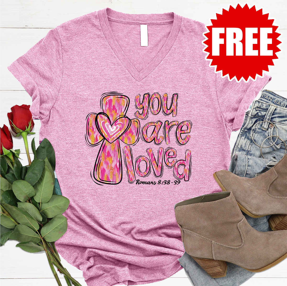 You Are Loved Pink Paint V-Neck - 0