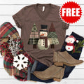 Snowman Trees Patchwork V-Neck - Heather Brown - 0