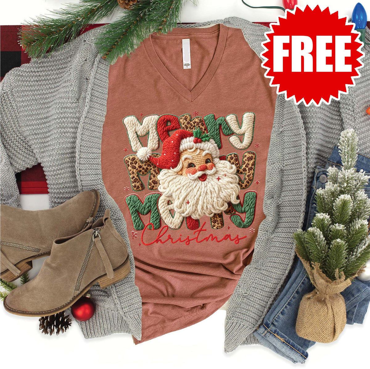 Merry Christmas Patchwork V-Neck - 0