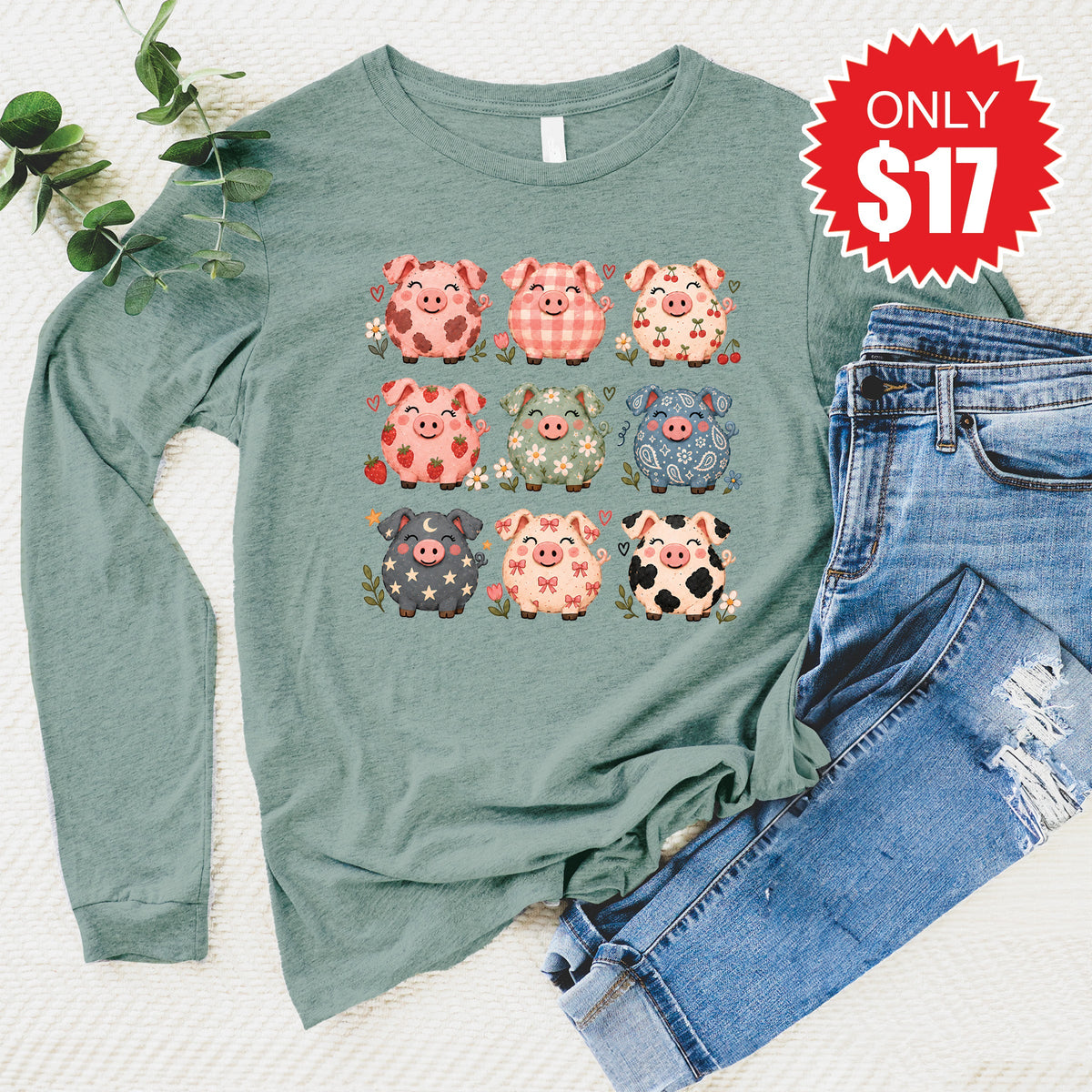 Happy Pigs Long Sleeve - Heather Sage - 17 product image 1