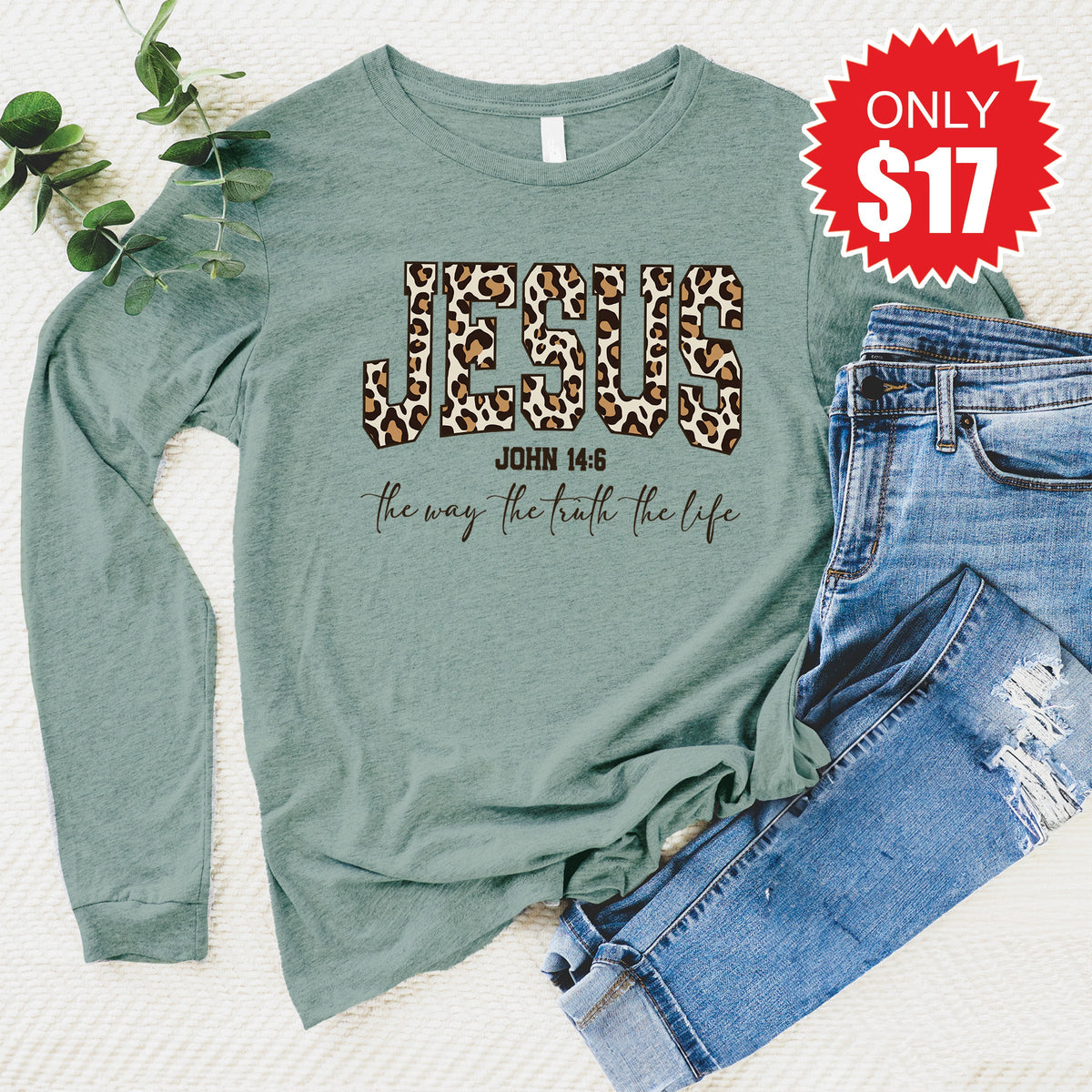 Jesus Leopard Long Sleeve - Heather Sage - 17 product image 1