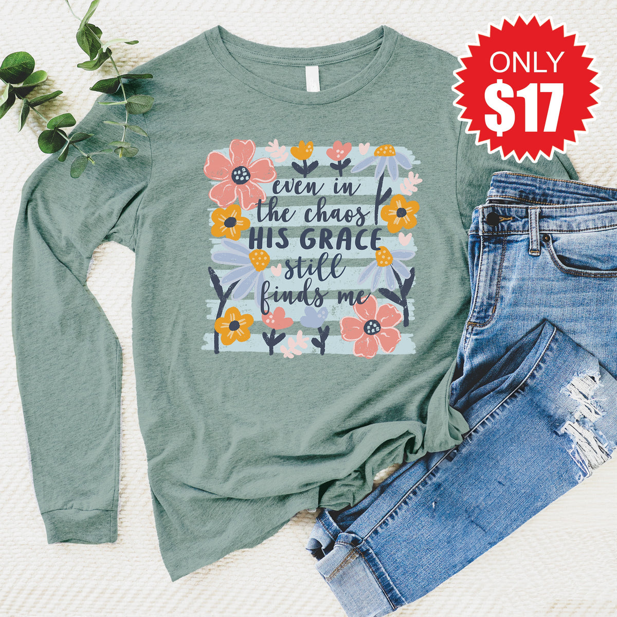 His Grace Finds Me Long Sleeve - Heather Sage - 17 product image 1