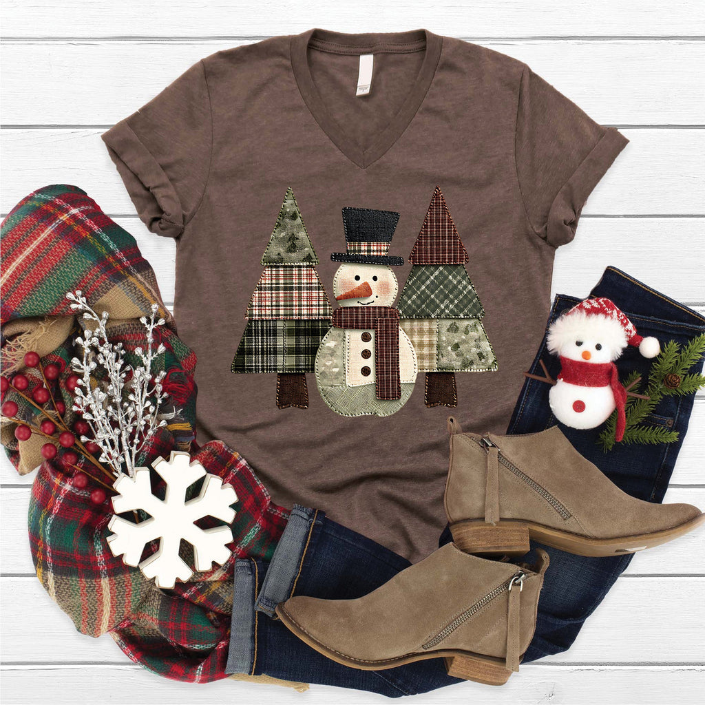 Snowman Trees Patchwork V-Neck